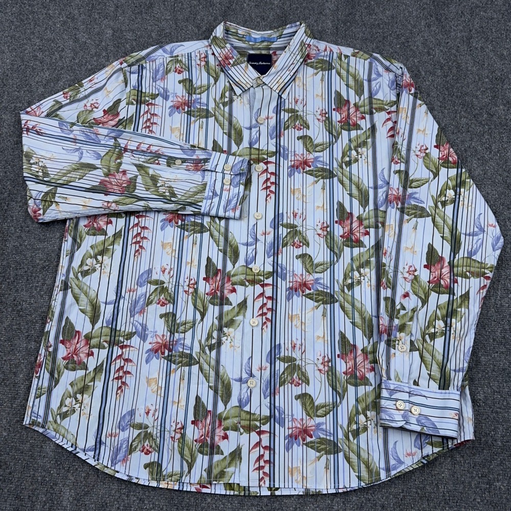 Tommy Bahama Jungle Mist Shirt Men XXL Blue Floral Striped Long Sleeve Button Up